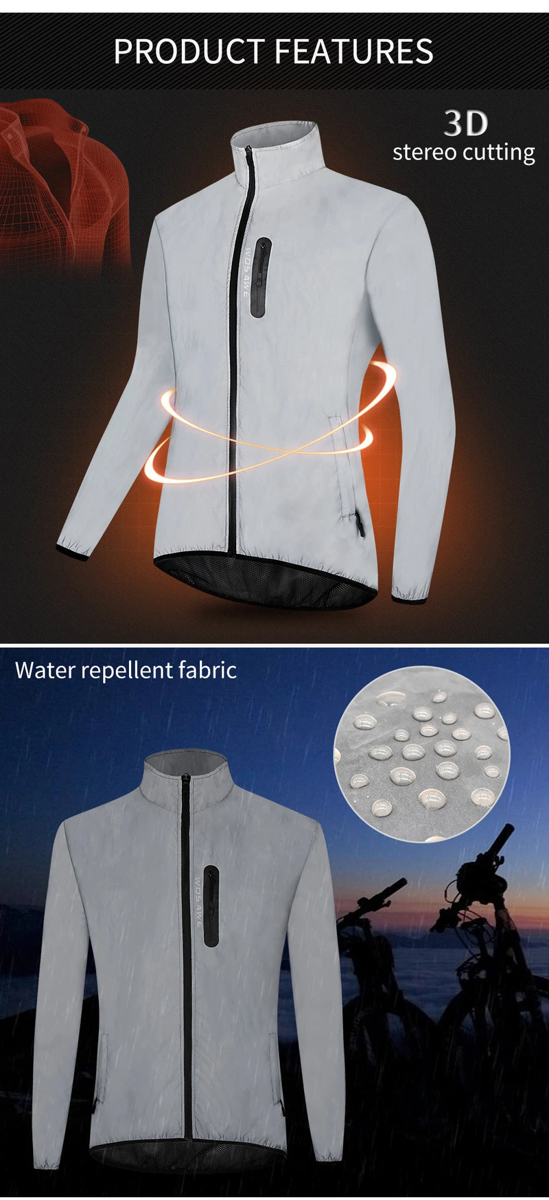 WOSAWE Men's Fully Reflective Jacket Outdoor Lightweight Windbreaker MTB Bike Hooded Rain Jacket Running Fishing Cycling Coat