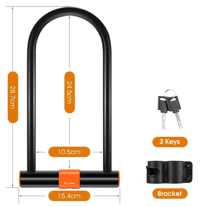 WEST BIKING Carbon Steel Bike U Lock Anti-Theft Secure MTB Road Bicycle Lock Motorcycle Scooter Cycling Accessories